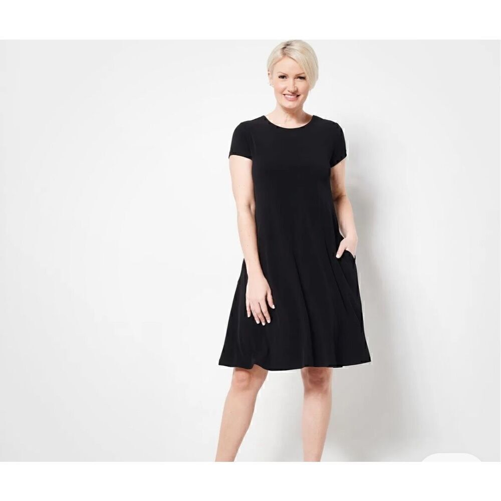 Susan Graver/Style Women's Short Sleeve Black Shift Dress Pullover Size Small